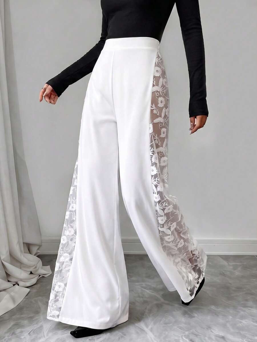 Franclia 女士春夏新款玫瑰网纱刺绣透视拼接A字高腰度假浪漫优雅长裤 - 白色 - 查看 1