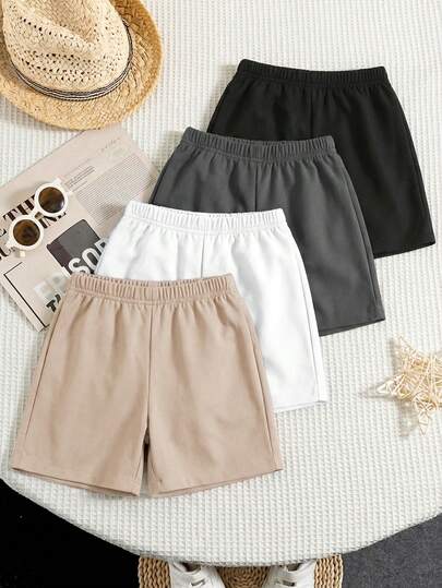SHEIN 4pcs/Set Young Boy Casual Comfortable Fashionable Simple Practical Soft And Comfortable Shorts With Badge And Waistband Decoration Set, Suitable For Daily Wear, School, Travel, Sports In Spring And Summer