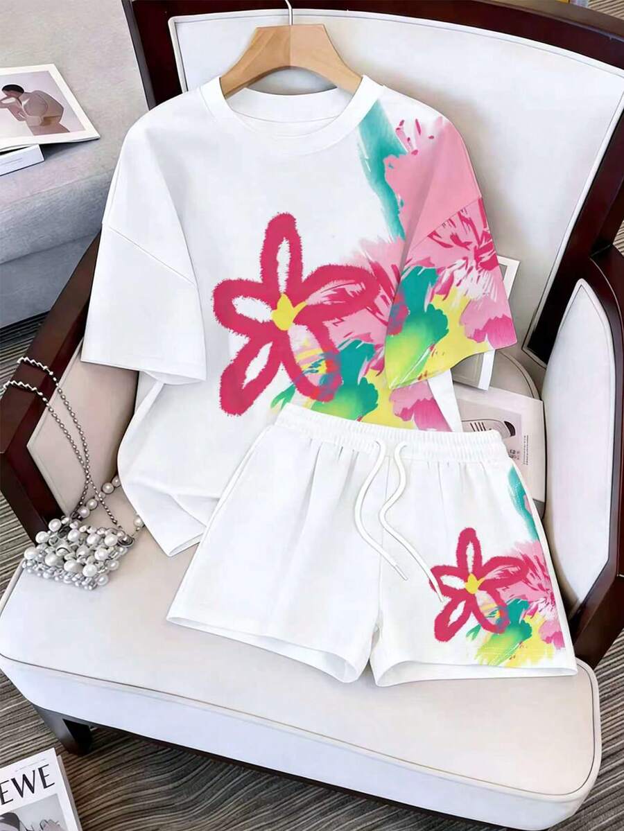 女士彩色印花圆领短袖短裤两件套 - 白色 - 查看 1