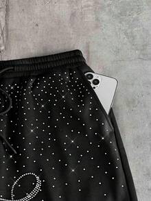 AXEPEAK Men's Drawstring Waist Letter & Rhinestone Graphic Casual Versatile Daily Wear Shorts - Black - View 5