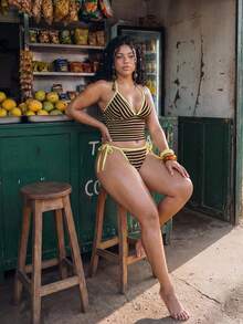 Swim Mod Retro Tropical Brown Striped Bikini Set,Butter Yellow,Summer,1920s Flapper,Beach,Holiday Halter Triangle Top Plus Size Two-Piece Swimwear For Women - Multicolor - View 4