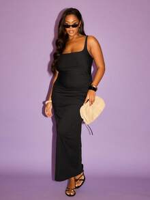 FASHION SZN Vestido midi con cuello cuadrado y esculpido para mujer talla grande, con lazo de ajuste en la espalda. Elegante y chic para fiestas de cumpleaños, eventos formales, vacaciones de verano. Vestido negro formal de tela elástica. - Negro - Ver 3