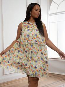 Vestido mini curvilíneo de talla grande ELLERISSA para mujer, vestido de gasa con volantes de cuello redondo sin mangas con estampado floral multicolor, vestido casual de primavera y verano para fiestas y vacaciones, vestidos de talla grande para mujer, vestido mini con volantes florales - Multicolor - Ver 3
