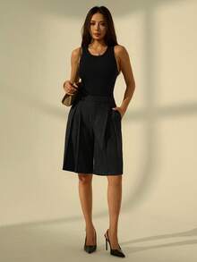 SHEIN PETITE 女士休闲宽松阔腿裤，纯色，适合夏季、都市通勤、商务休闲、办公室穿着、教师穿着。 - 黑色 - 查看 7