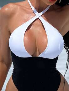 Swim SXY Bộ đồ bơi liền mảnh xẻ cao màu đen và trắng, trang phục đi biển mùa hè dành cho nữ - Đen và trắng - Xem 6