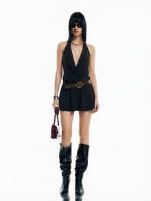 Airlisse Women's New V-Neck Sleeveless Metal Rivet Decor Sexy Mini Dress, Spring/Summer Golf Pastal - Black - View 6