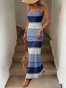 Easowa Vestido camisero maxi de mujer de corte slim con patrón de rayas y bloques de color, adecuado para primavera y verano - Multicolor - Ver 6