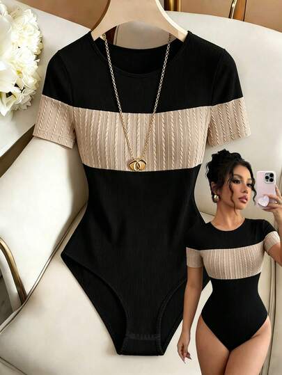 Elenzga Áo liền thân tay ngắn tối giản phối màu tương phản dành cho nữ, thích hợp mặc hàng ngày.