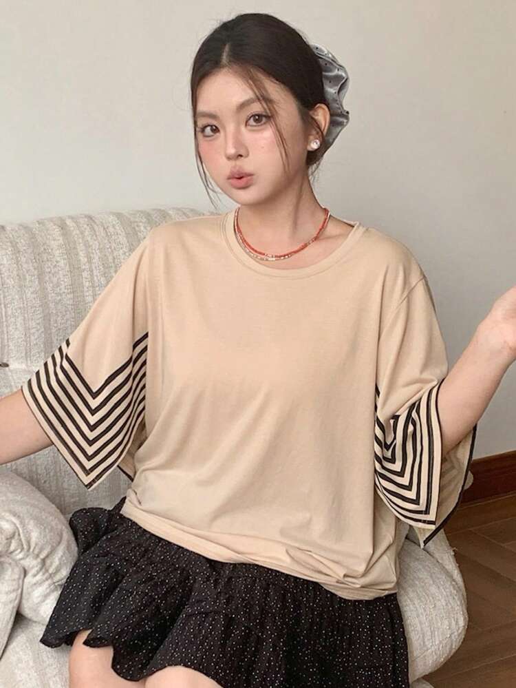 Dazy Plus Plus Size Women's Casual Loose Fit Crew Neck Striped Flare Sleeve All-Match T-Shirt, Spring/Summer
