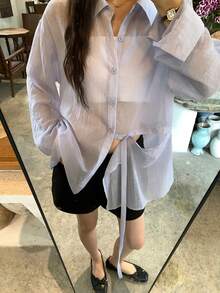 DAZY Damen lockere Bluse mit asymmetrischem Saum und Schlitz, lässig, sexy, langärmelig, für Urlaub, einfarbig, Golf, Herbst, Schule - Blau - Übersicht 5