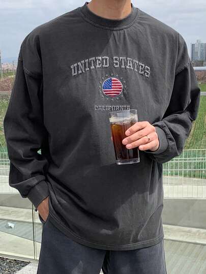 DAZY 男士字母图案圆领休闲长袖 T 恤，秋季，图案 T 恤，秋季