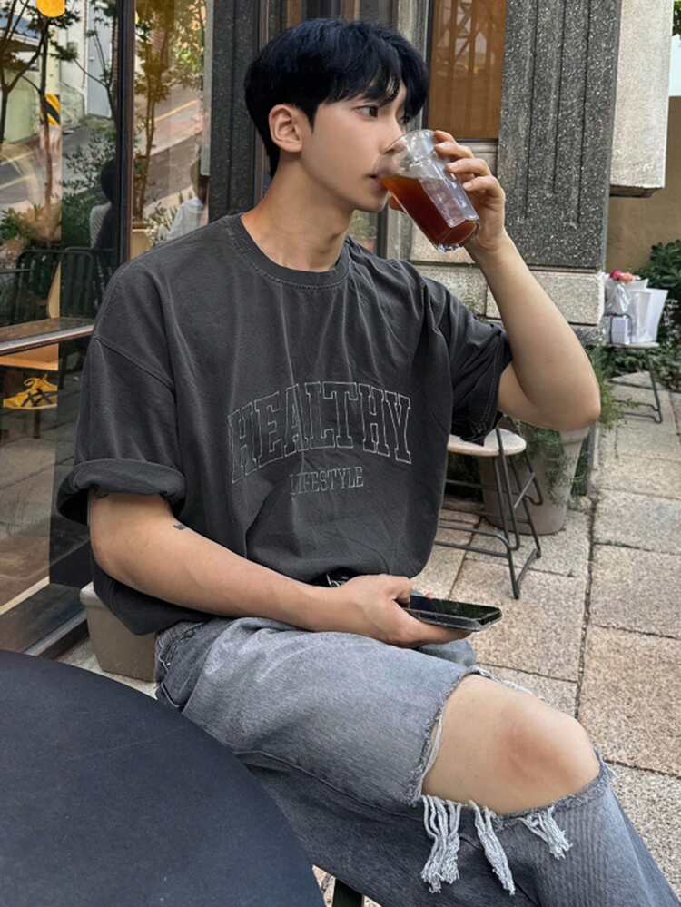 Men's Grey Letter Embroidery Crew Neck Short Sleeve T-Shirt, Summer