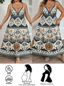 SHEIN CURVE+ 大码波西米亚风豹纹、棕榈树、龟背竹、热带花卉印花V领无袖长裙，休闲夏季沙滩装 - 彩色 - 查看 1