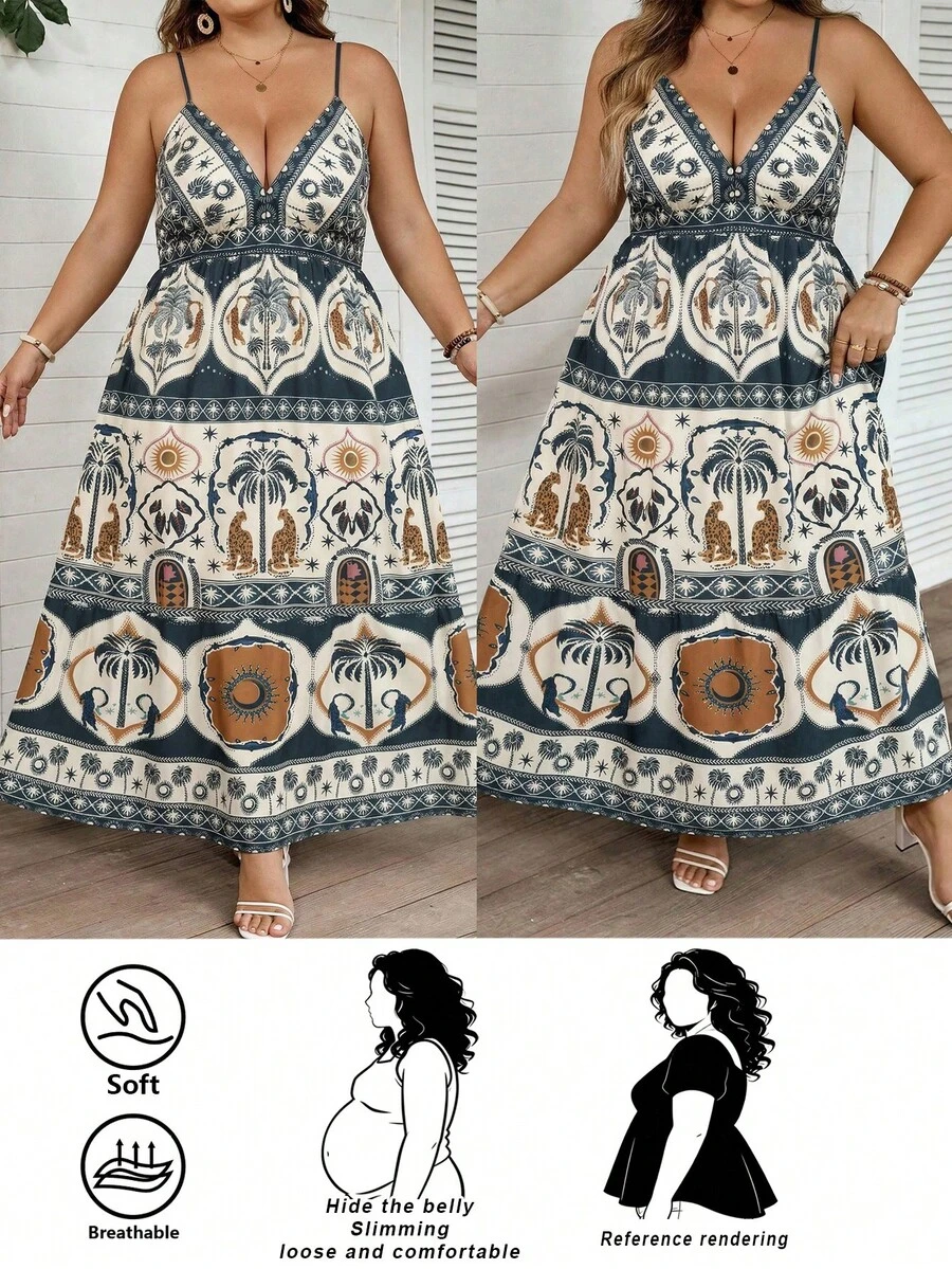 SHEIN CURVE+ 大码波西米亚风豹纹、棕榈树、龟背竹、热带花卉印花V领无袖长裙，休闲夏季沙滩装 - 彩色 - 查看 1