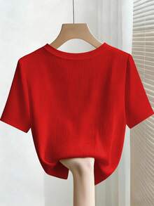 Camiseta de manga corta con cuello redondo ajustado, con cuentas y acanalada, elegante para mujeres - Rojo - Ver 3