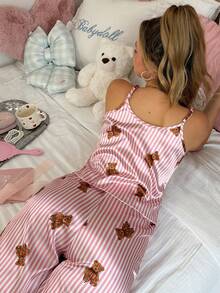 Striped Bear Print Satin Camisole & Pants Sleepwear Set For Women - Multicolor - View 2