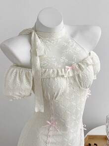 Elamini Đầm nữ, chất liệu vải dệt họa tiết phối nhiều mảnh với viền ren, thắt eo. - Màu be - Xem 4