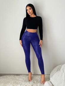 SHEIN SXY Quần legging nữ cạp cao ôm sát, họa tiết da báo màu đen. - Màu xanh hải quân - Xem 8