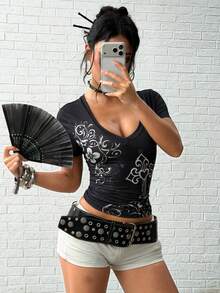 Jeanoix Women's Sexy Baddie Dark Punk Vintage Deep V-Neck Graphic Print Rhinestone T-Shirt - Black - View 2