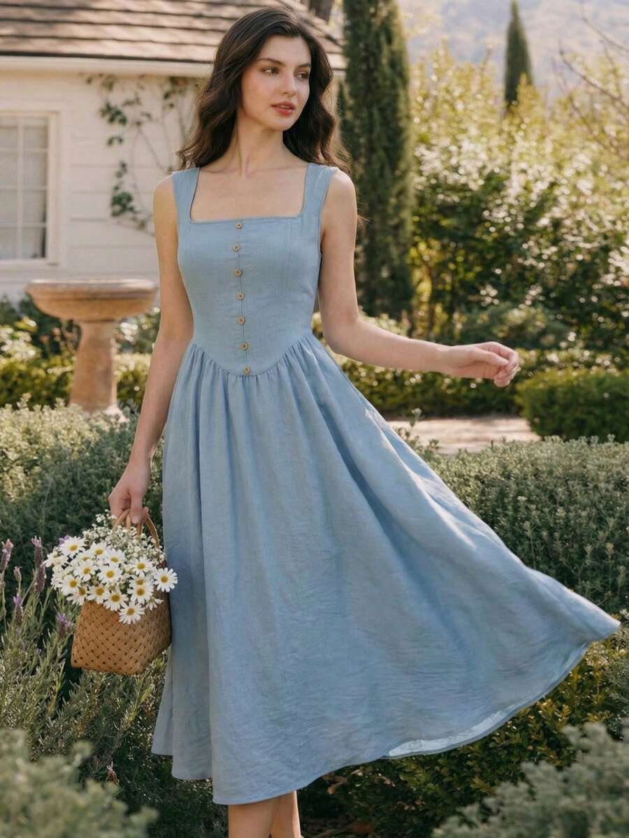 Vintamour Đầm nữ cổ điển thanh lịch có túi, cài nút, cổ vuông, dây mảnh, đầm dự tiệc thường ngày, đầm hè cho nữ, quần áo mùa hè, trang phục mùa hè cho nữ, quần áo mùa xuân, trang phục mùa xuân cho nữ, đầm mùa xuân cho nữ, trang phục lễ hội cho nữ, đầm lễ hội, đầm thanh lịch dự tiệc, đầm dự tiệc thanh lịch, đầm dự đám cưới cho nữ, đầm tốt nghiệp, đầm thanh lịch cho nữ, đầm dự tiệc, trang phục nghỉ lễ cho nữ. - Màu xanh lam - Xem 1