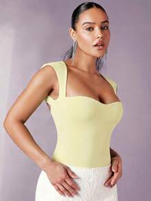 Silquee Body moulant sexy à col carré et dos nu pour femmes, couleur unie - Jaune clair - Voir 5
