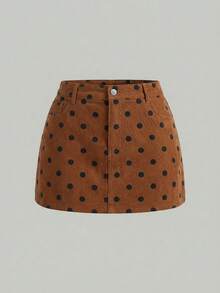 SHEIN MOD Rok Mini Denim Kasual Saku Motif Polkadot untuk Wanita Ukuran Plus - Coklat - View 1