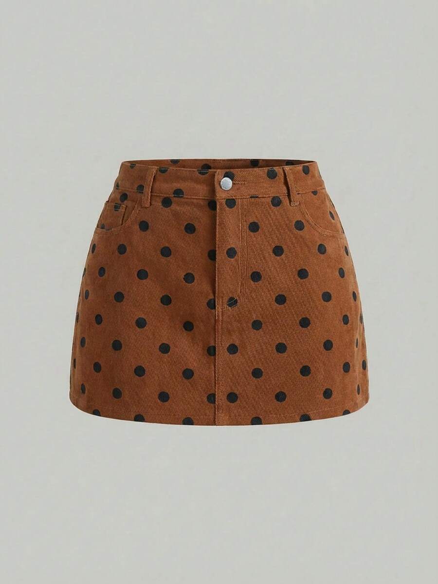 SHEIN MOD Rok Mini Denim Kasual Saku Motif Polkadot untuk Wanita Ukuran Plus - Coklat - View 1