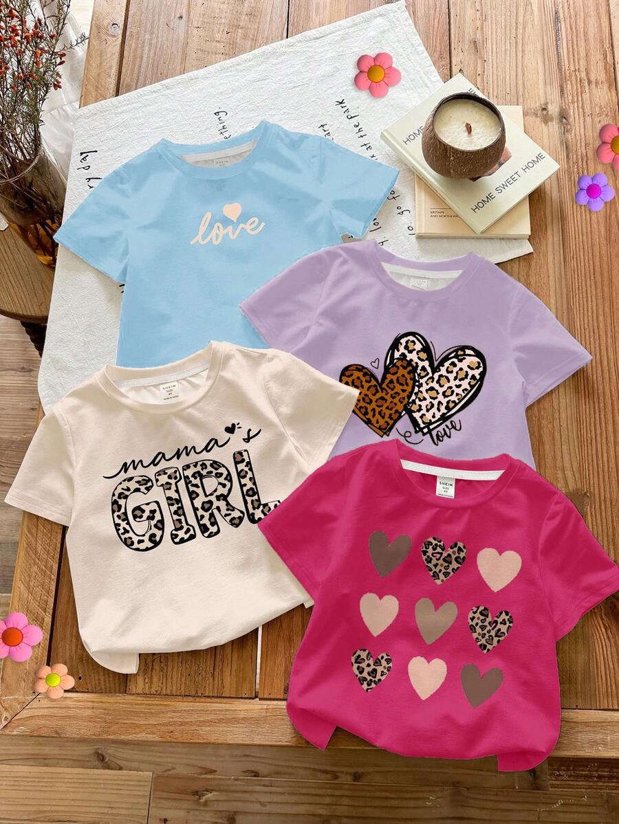 4pcs/Set Baby Girl Casual Summer School T-Shirt,Brown And White Polka Dot Mama's Girl Leopard Print Heart & Letter Round Neck Short Sleeve Tee Tops - Multicolor - View 1