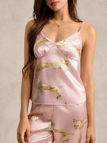 女士动物纹吊带背心和裤子休闲家居服睡衣套装 - 粉色 - 查看 4