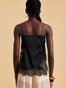Travachic Camiseta de mujer de unicolor con encaje de contraste - Negro - Ver 2