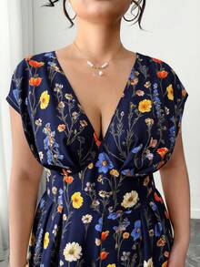 Elenzga Elegant Plus Size Long Jumpsuit Navy Blue Random Floral Print V Neck Shirred Batwing Cap Sleeve Wide Leg Boho Chic Style - Navy Blue - View 4
