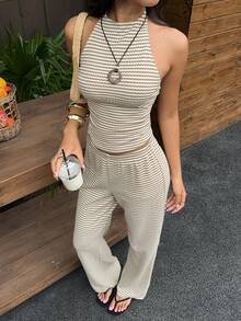 SHEIN EZwear Bộ áo và quần kaki dệt kim kẻ sọc cổ yếm dành cho nữ. - Màu Khaki - Xem 7