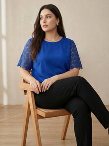 ELLERISSA Curve Lace Sleeve Round Neck A-Line Blouse For Women, Cobalt Blue Crochet Lace Elbow Sleeve Smock Top, Casual Work Wear, Office Wear, Plus Size Tops For Women, Elegant Lace Sleeve Blouse, Vacation Wear - Royal Blue - View 6