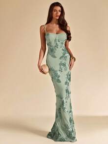 SHEIN BAE Women's Green Knitted Cami Maxi Dress With Spaghetti Strap Neckline And Plant Pattern For Party - Green - View 3
