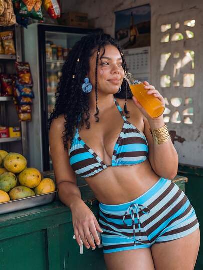 Swim Mod 大码女士休闲条纹吊带比基尼套装