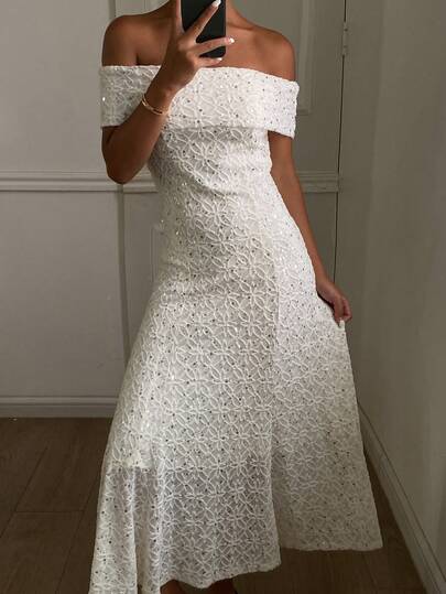 DAZY 女士休闲优雅露肩纹理连衣裙，春夏款