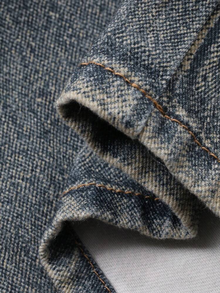 Men's Blue Washed Vintage Painted Dotted Design Street Style Jeans, Spring/Autumn