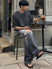 DAZY 男士灰色字母刺绣圆领短袖T恤，夏季款 - 灰色 - 查看 5
