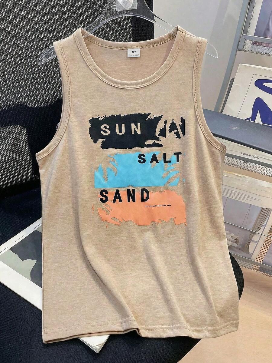 SHEIN Tween Boy Casual Vacation Style Palm Tree Pattern Sleeveless Loose Knit Tank Top, Suitable For Beach, Sports, Vacation, School - Apricot - View 1