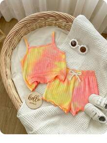 Babygirl Tie-Dye Knit Casual & Vacation Outfit Set 2 Piece Set Summer Girl Tie Dye Toddler Set Ribbed Two Piece Short Set - Coral Orange - View 7