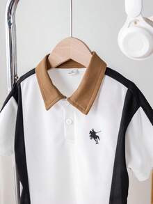 Genkimix Kids 男童休闲拼接 Polo 领短袖 Polo 衫，适合通勤、上学、日常休闲、运动、春夏穿着 - 彩色 - 查看 3