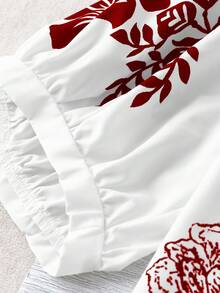 Linhara 百搭中袖V领印花休闲衬衫，适合通勤、度假、四季穿着，尺码齐全。 - 酒紅色 - 查看 4