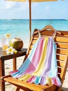 SHEIN Elladie kids Young Girl Woven Fabric Red Striped Digital Print Hem Ruffle Strap Sundress, Suitable For Summer Daily Wear, Outings, Vacations, Parties Summer Holiday - Multicolor - View 3