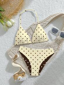 Bộ đồ bơi 2 mảnh cho bé gái tuổi teen, phong cách thường ngày, họa tiết chấm bi ngẫu nhiên trên vải dệt kim, áo cổ yếm điều chỉnh được và quần tam giác, thích hợp cho mùa hè ở bãi biển, hồ bơi, kỳ nghỉ và tiệc tùng. - màu nâu - Xem 6