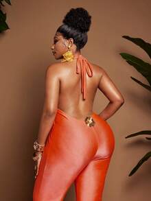 Maweii Plus Size Coral Orange Backless Sexy Halter Design Floral Decor High Waist Jumpsuit, Vacation Style - Coral Orange - View 5