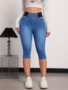 SHEIN Tall 夏季女款休閒外出日常通勤簡約百搭高腰鬆緊腰 3/4 長度緊身牛仔褲，適合高個女性 - 中等水洗藍 - 查看 5