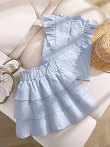 Elladie kids 2件組少女夏季家庭度假花卉領喇叭袖無袖瀑布領上衣與荷葉邊裙套裝，優雅可愛穿搭 - 淺藍色 - 查看 2