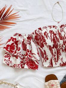 Soleia 春夏新款度假風女款荷葉邊碎花印花抹胸上衣 紅白配色鬆緊抓皺平口夏裝 - 紅白色 - 查看 4