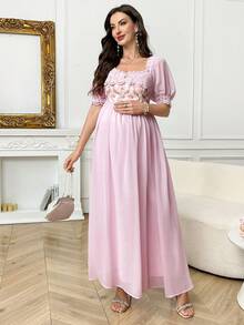 SHEIN 孕妇印花褶皱优雅派对连衣裙 - 淺粉色 - 查看 4