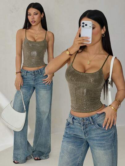 SHEIN PETITE Áo hai dây ren đính sequin thanh lịch dành cho nữ, màu xanh trơn, dáng ôm, kiểu chui đầu. Thích hợp cho hẹn hò, đi hộp đêm, mặc hàng ngày, áo tank top casual và kiểu áo hai dây gợi cảm. Áo gợi cảm cho câu lạc bộ, áo thun gân, áo hai dây gợi cảm, áo tank top.